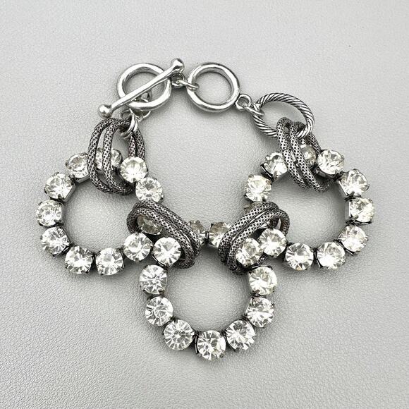 Chunky Rhinestone Circle Bracelet with Textured Cable Chain Silver Tone Toggle - Picture 2 of 5